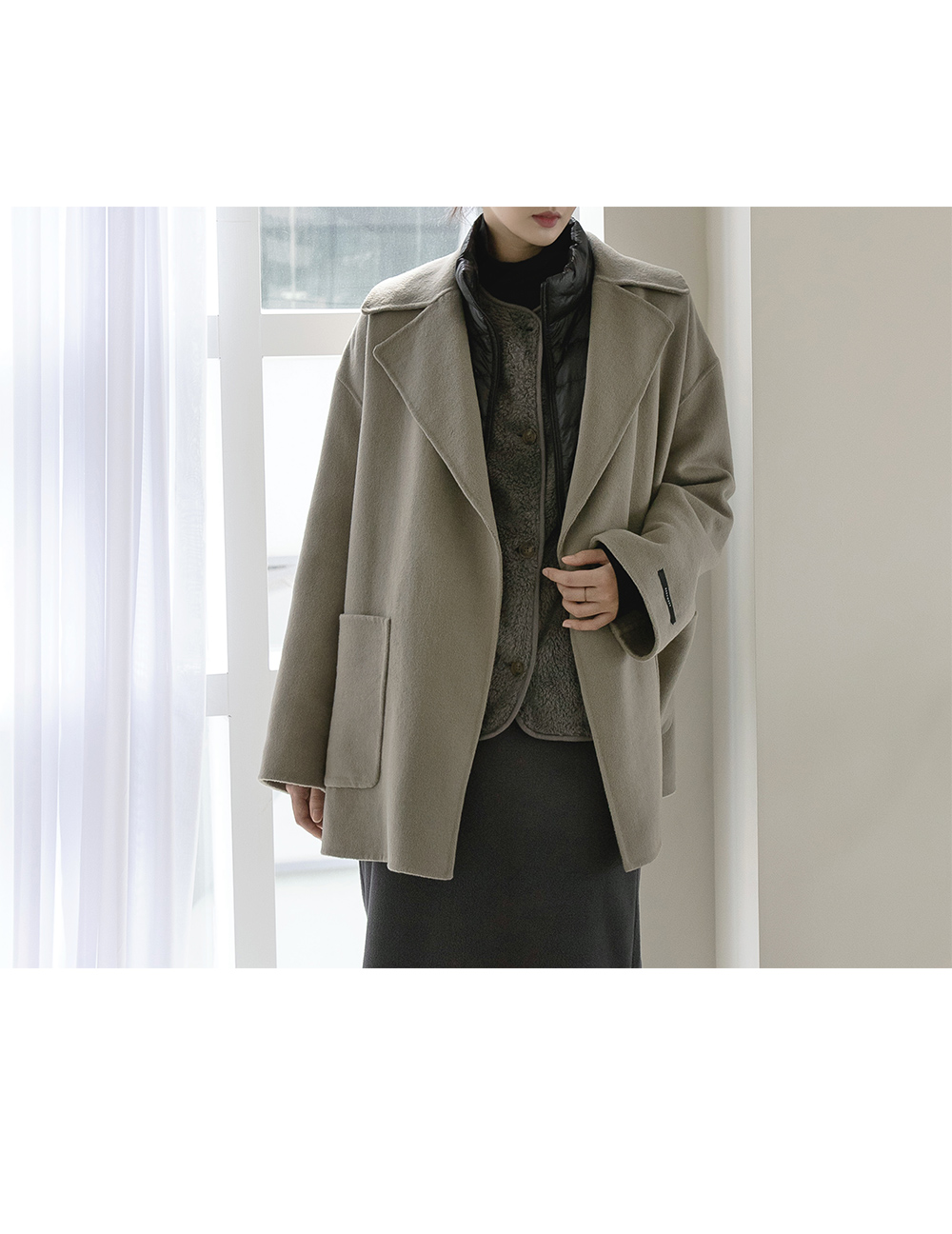 Wool Blend Oversized Collar Half Coat | W Concept